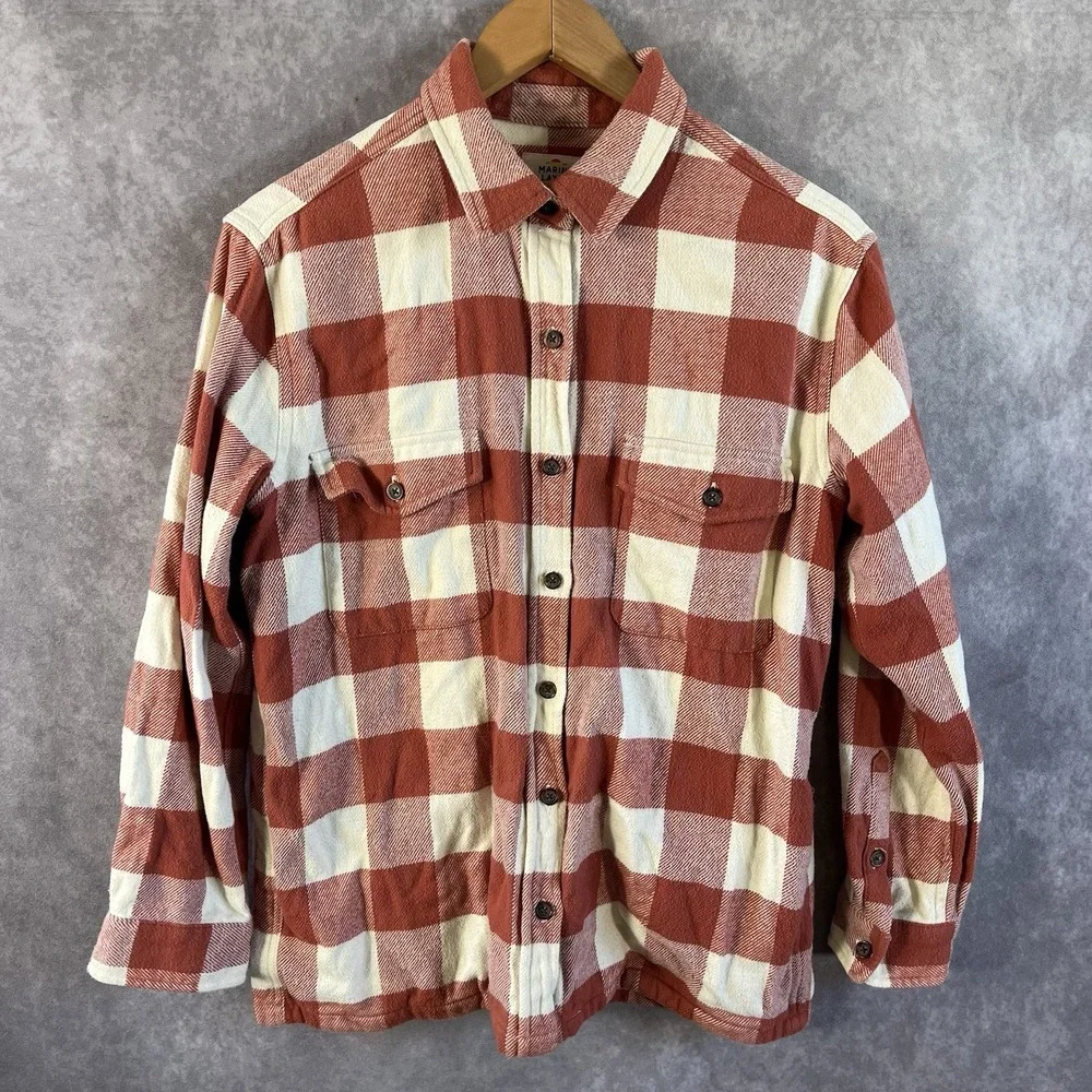 Marine Layer Flannel Shirt Mens Small Red Cream Buffalo Plaid Button Down 14855